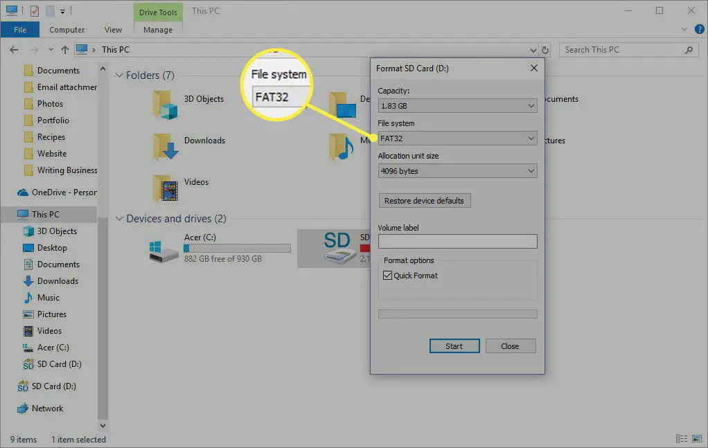 opções de formato para um cartão SD usando Windows