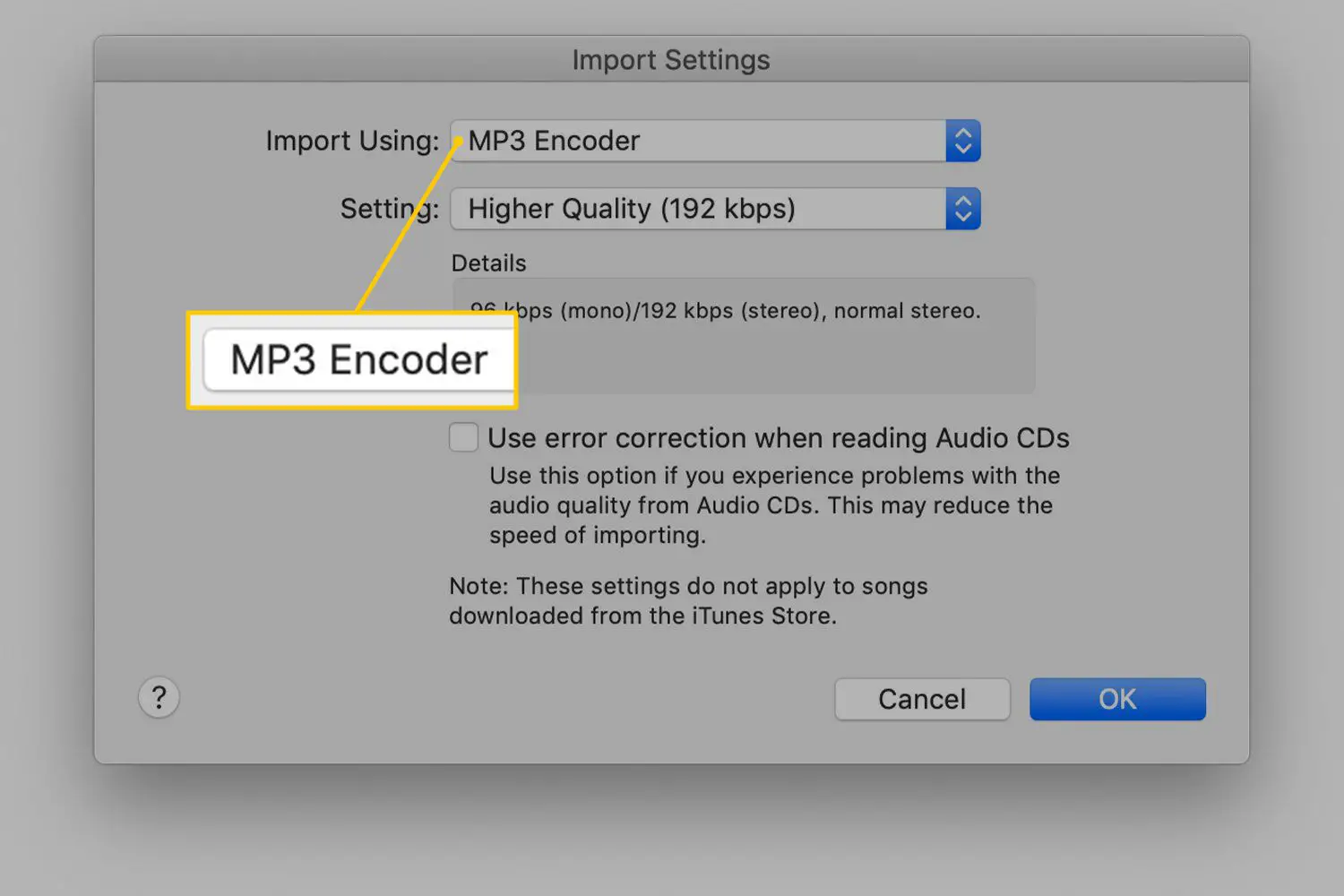 Codificador de MP3 nas configurações de importação do iTunes
