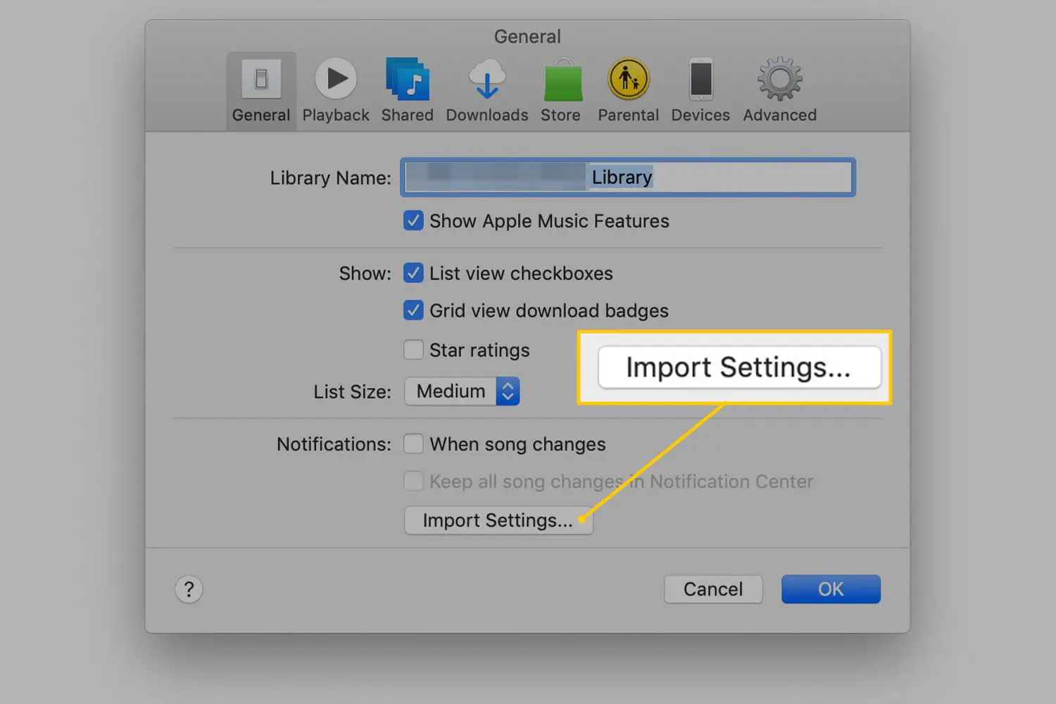 Botão Importar configurações nas preferências do iTunes