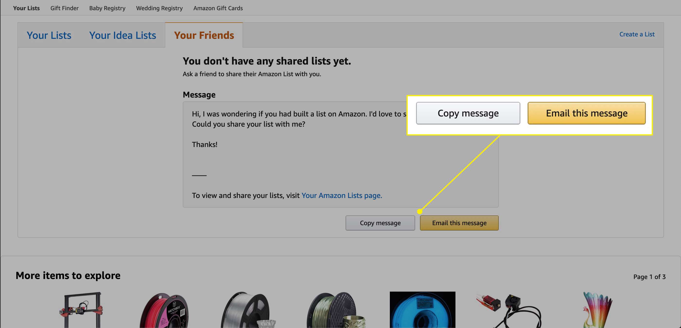 As opções de contato para solicitar a lista da Amazon de um amigo