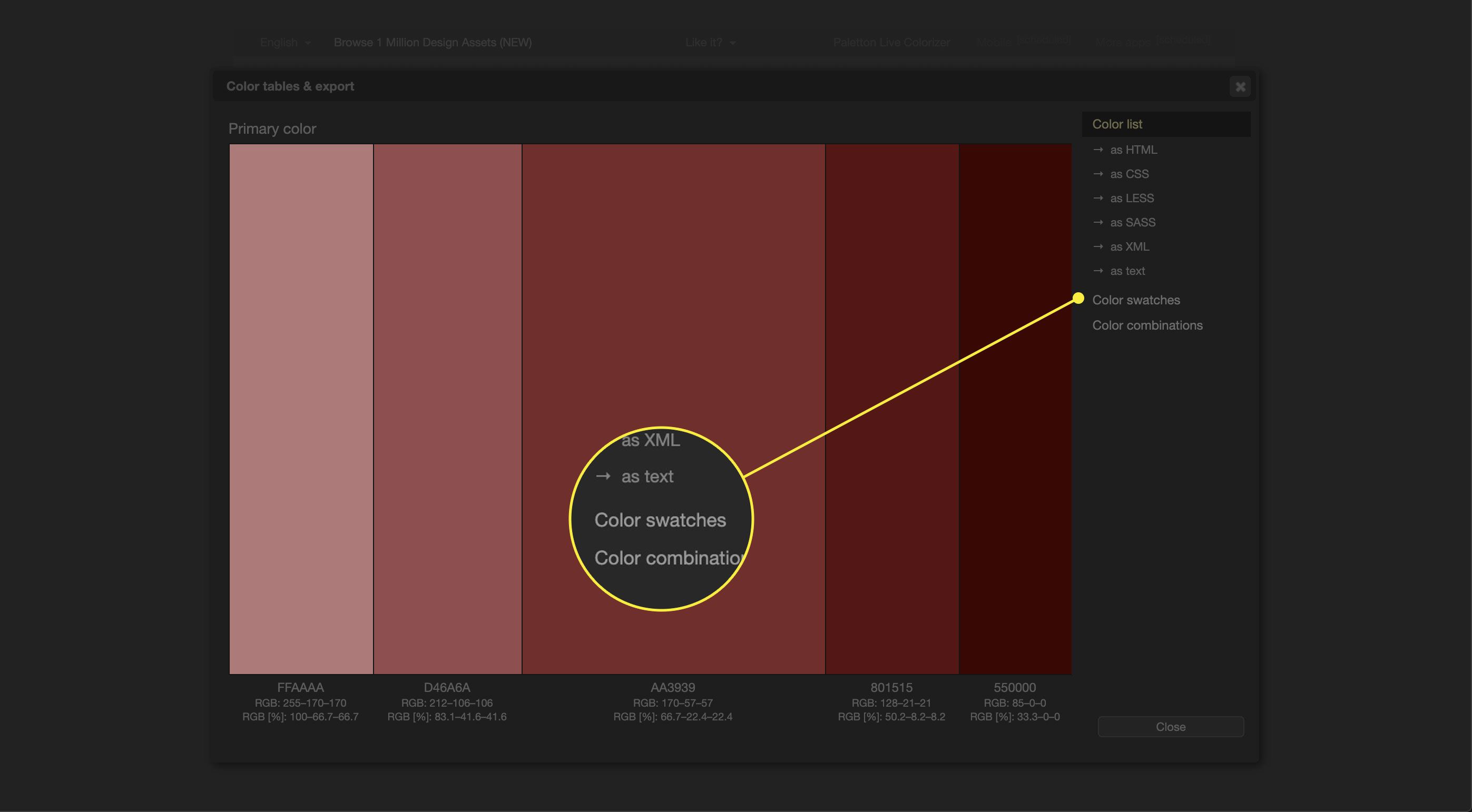 Uma captura de tela de Tabela / Exportar no Paletton com o comando Amostras de cores destacado