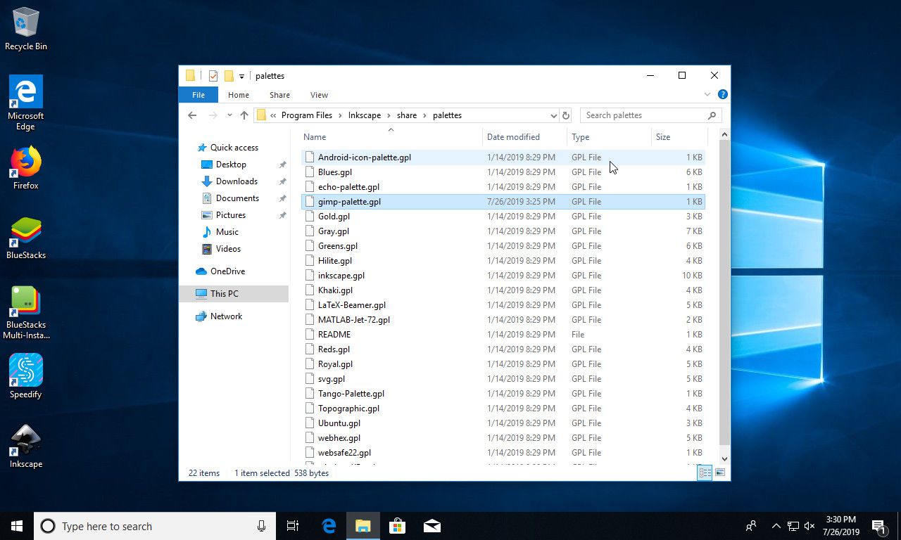 Paleta do Windows 10 colada na pasta Inkscape