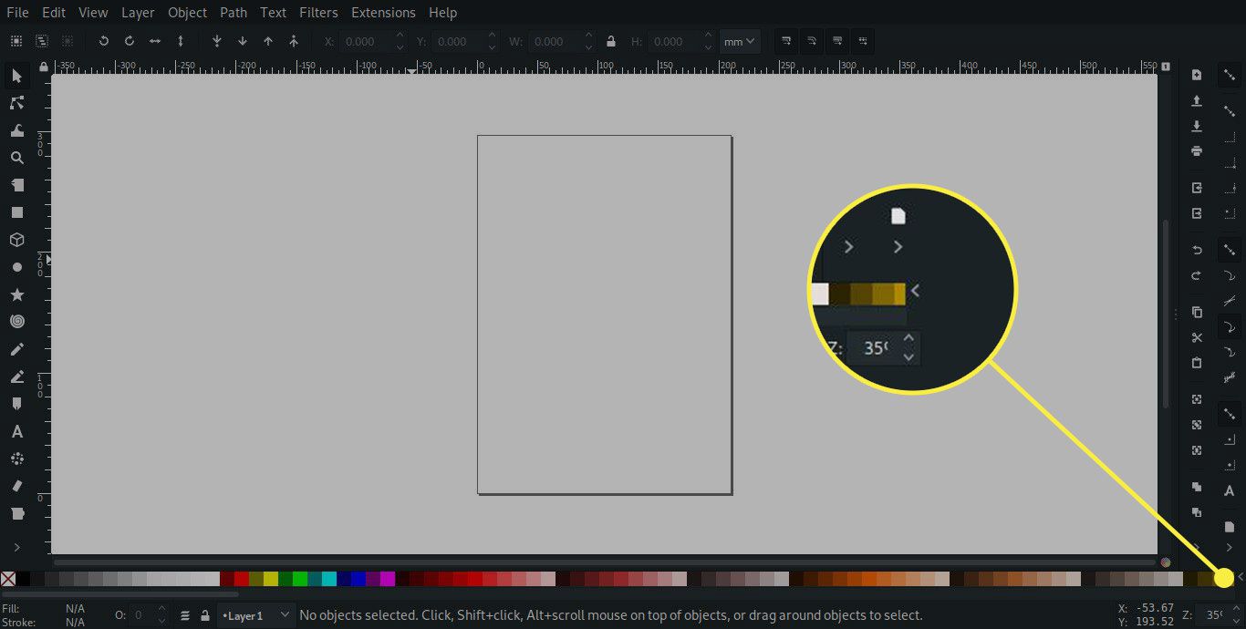 Uma captura de tela do Inkscape com a seta no final da Palette Preview destacada