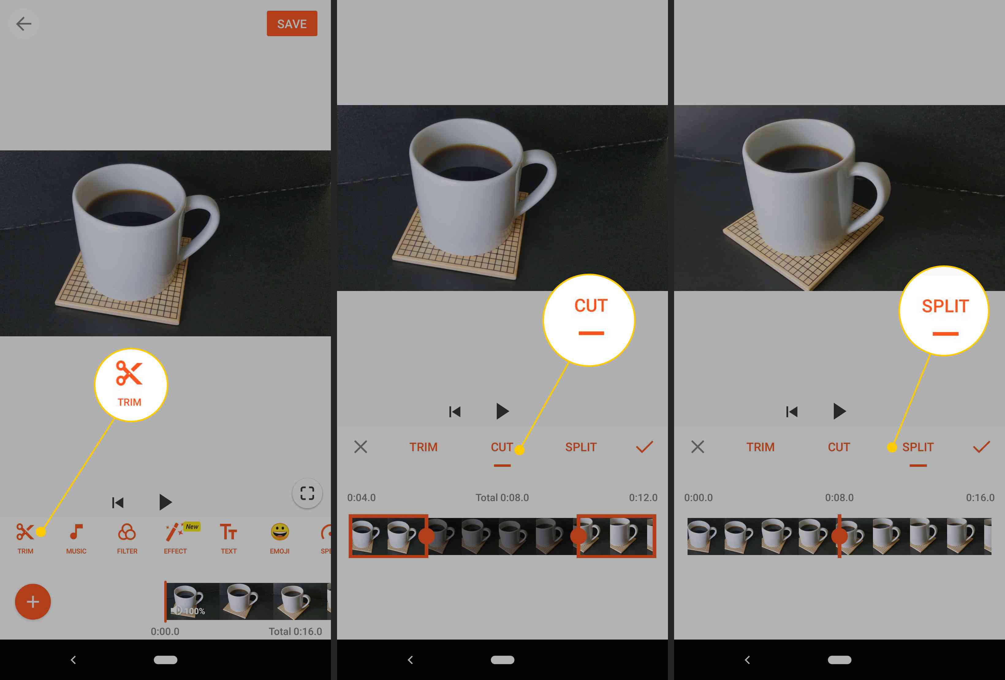 Botões cortar, cortar, dividir no aplicativo de edição de vídeo Android