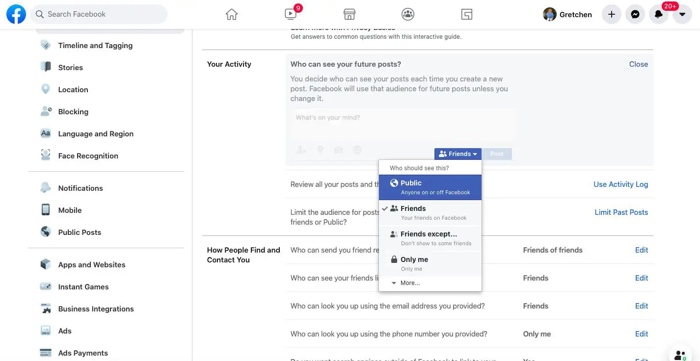 Selecione Público para permitir que qualquer pessoa dentro ou fora do Facebook veja suas postagens.