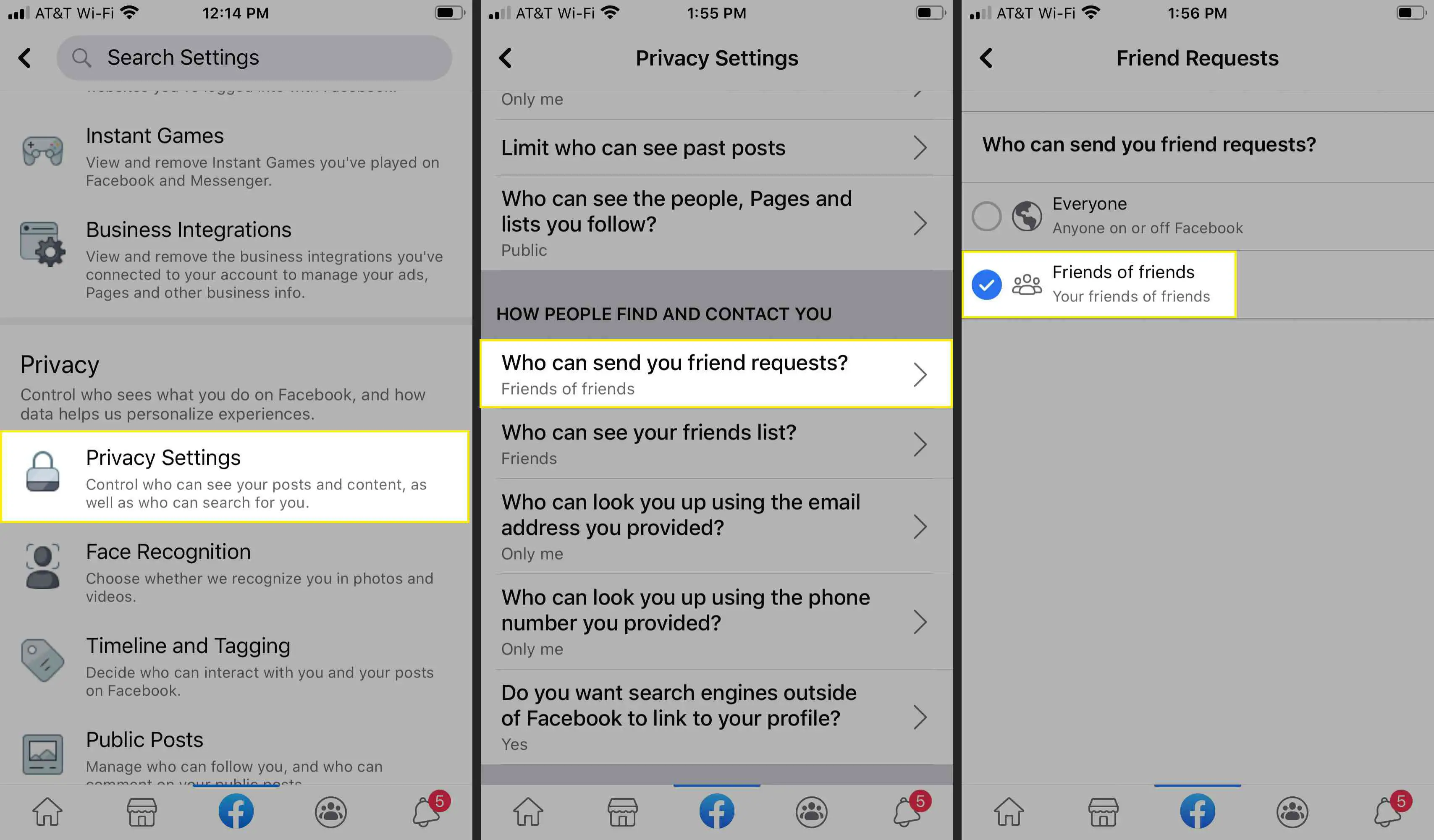 Configurações de solicitação de amizade no aplicativo do Facebook