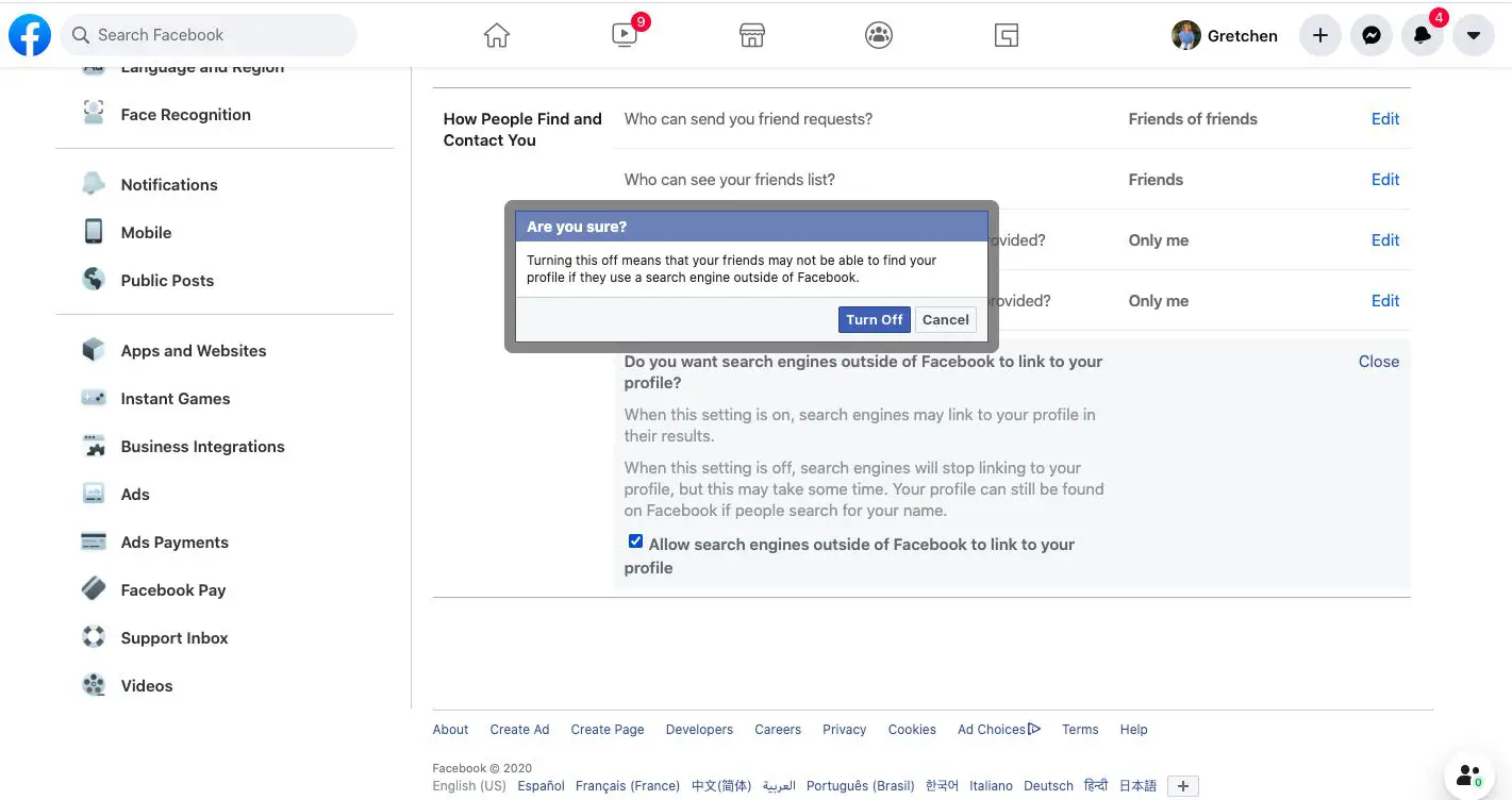 Desmarque a caixa ao lado de Permitir que mecanismos de pesquisa fora do Facebook vinculem ao seu perfil