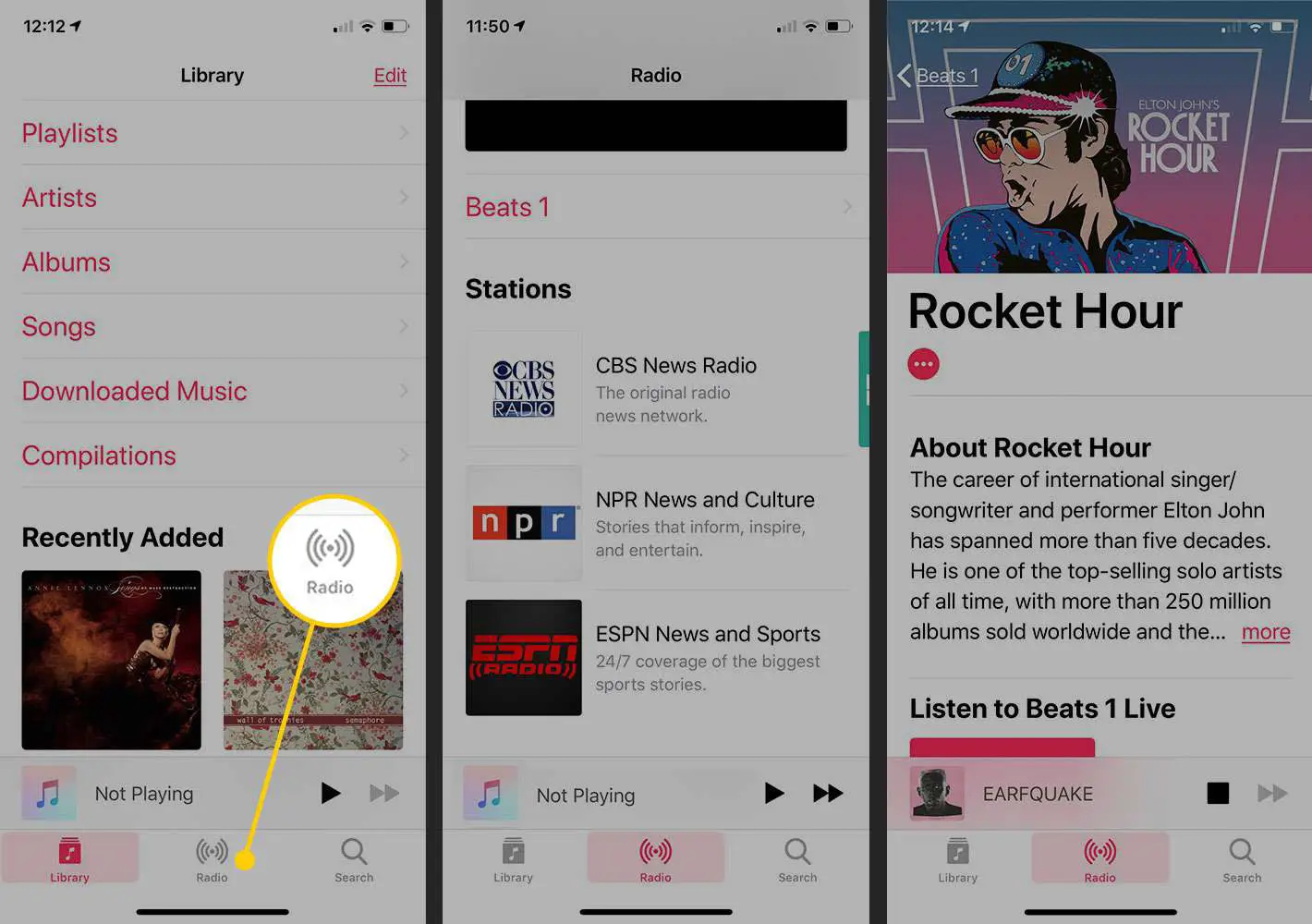 Opção de rádio no Apple Music em um iPhone