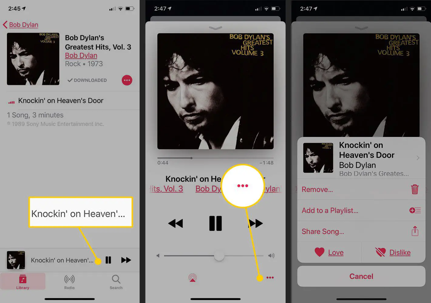 Opções de música no Apple Music em um iPhone