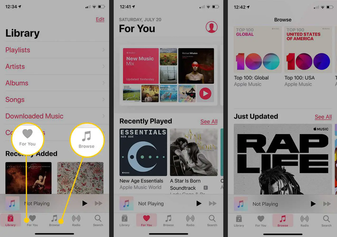 Aplicativo Apple Music em um iPhone com as guias For You e Browse destacadas