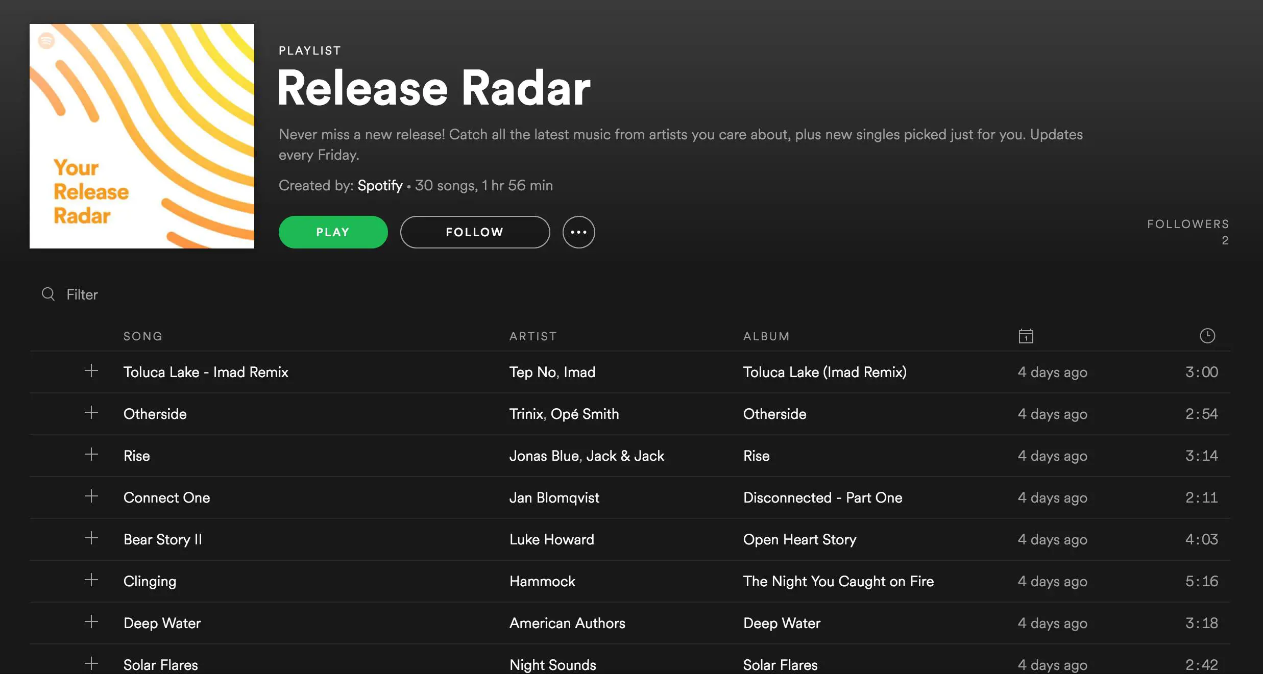 Uma captura de tela da lista de reprodução do Release Radar no aplicativo de desktop Spotify.