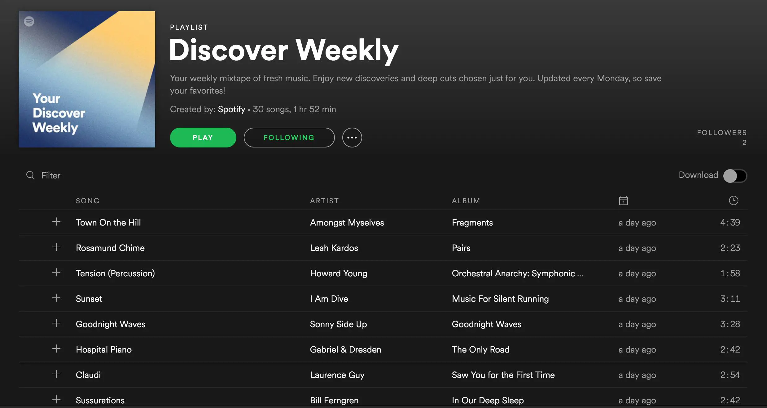 Uma captura de tela da lista de reprodução do Discover Weekly no aplicativo Spotify para desktop.