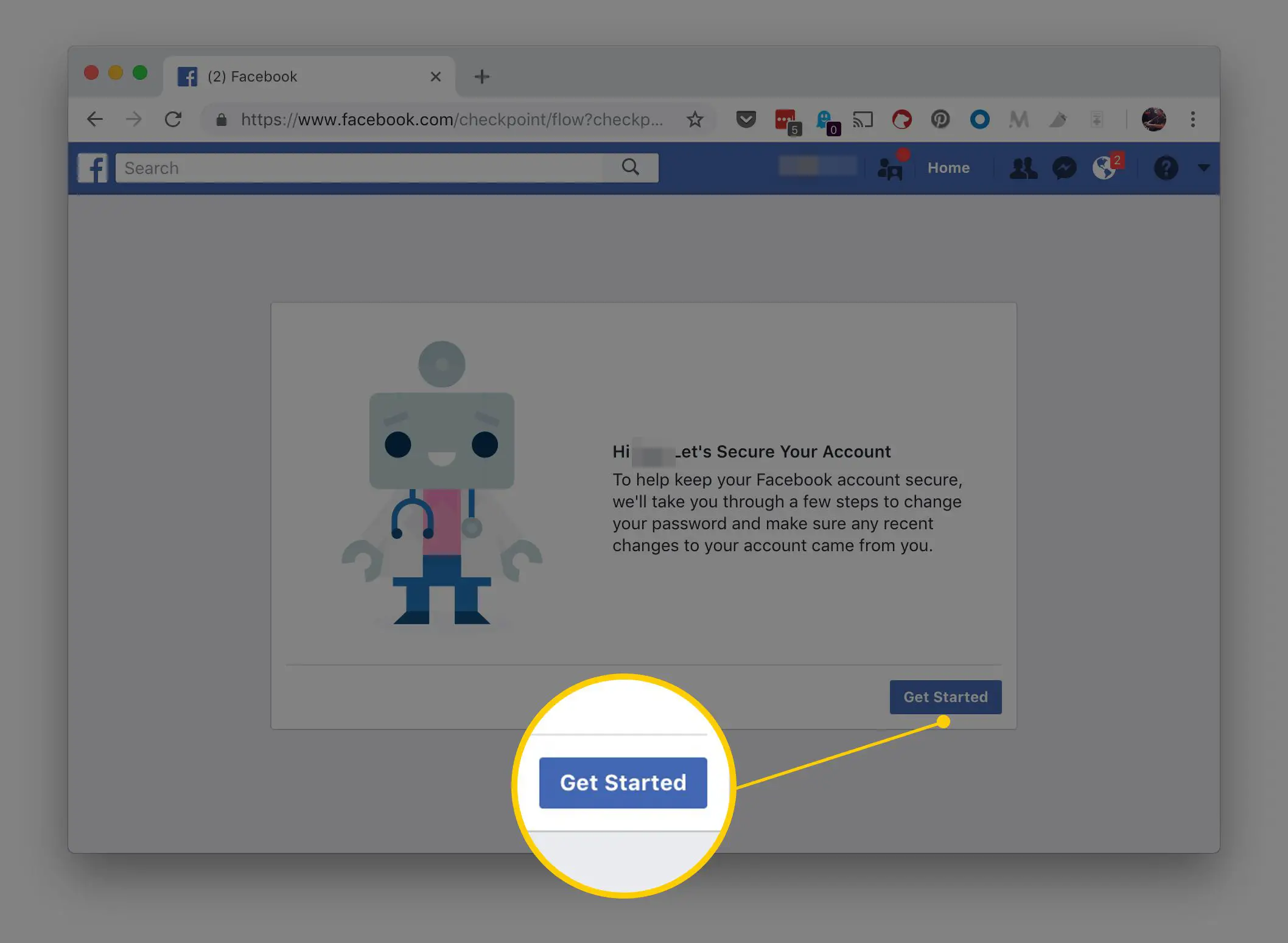 Botão Começar na página de diálogo Proteja sua conta no Facebook