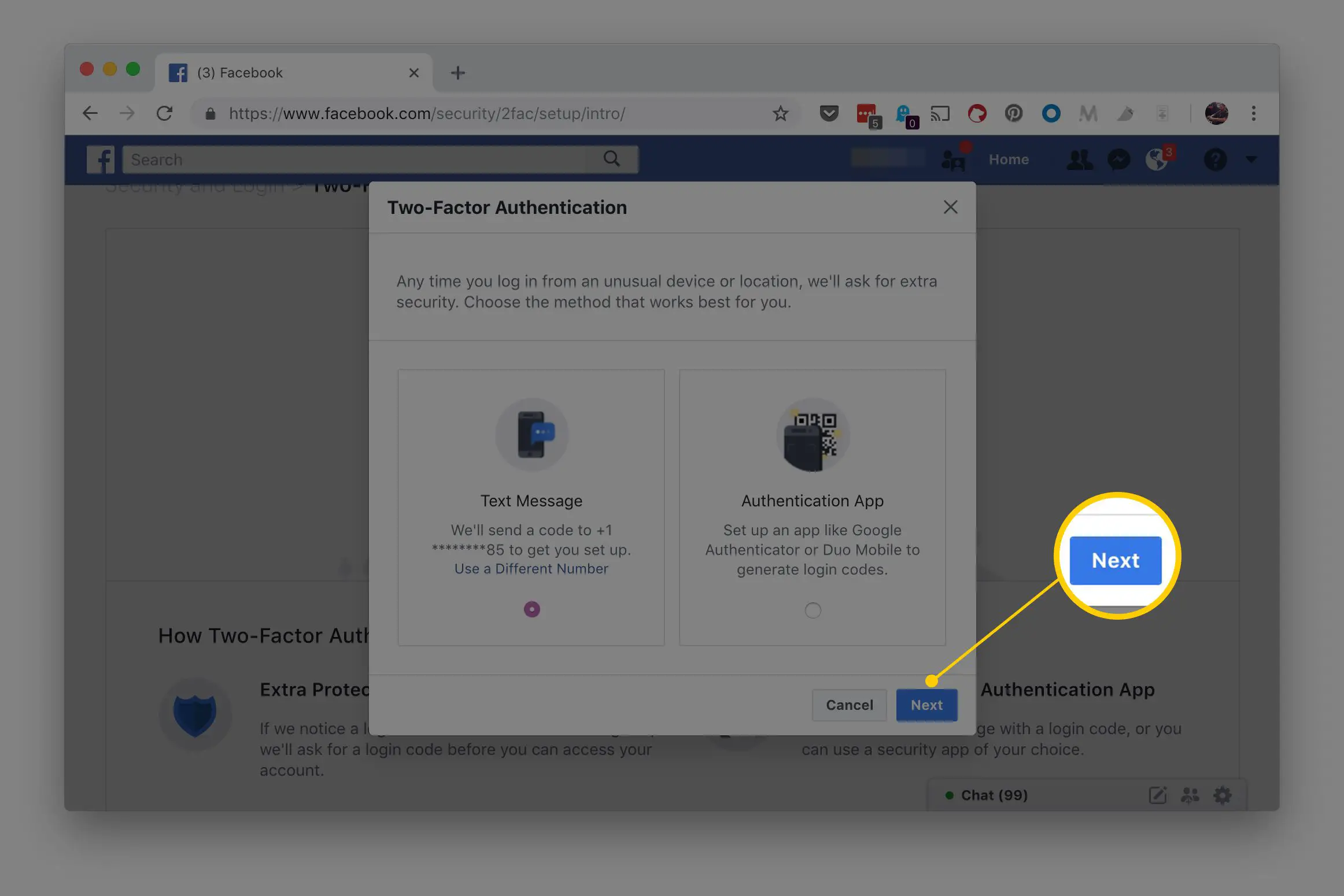 Botão Avançar na página de autenticação de dois fatores do Facebook mostrando mensagem de texto ou aplicativo de autenticação como opções