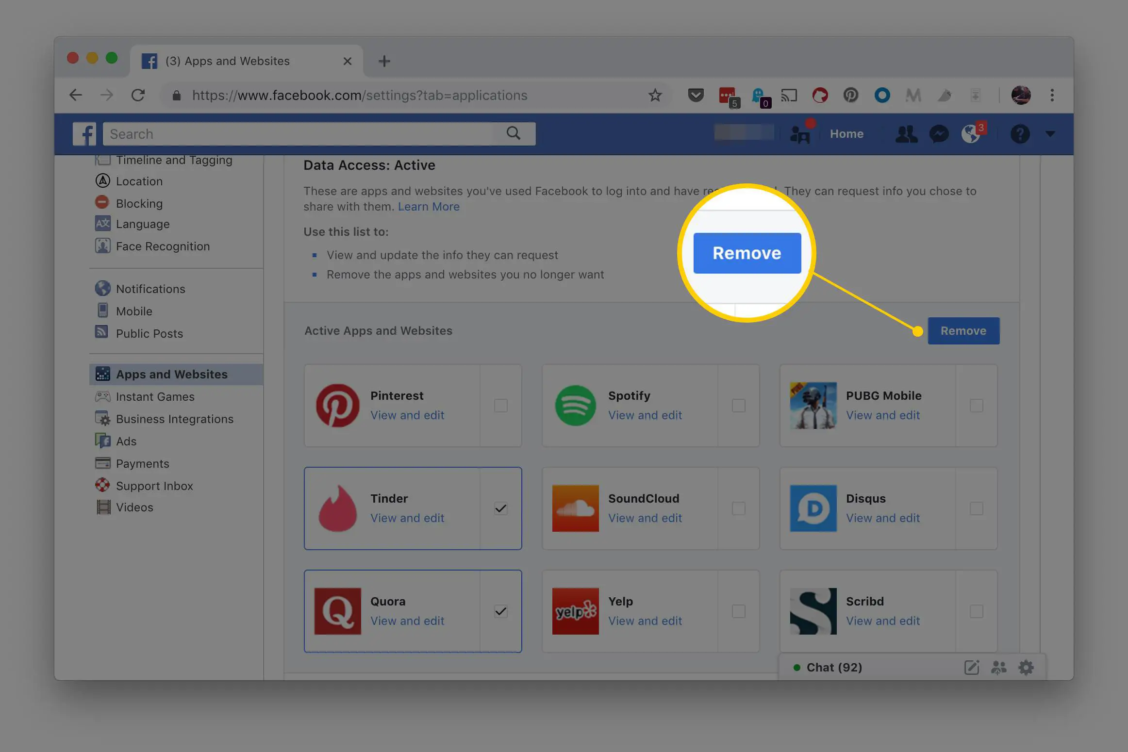 Botão Remover destacado em uma captura de tela da página de configurações de aplicativos e sites no Facebook