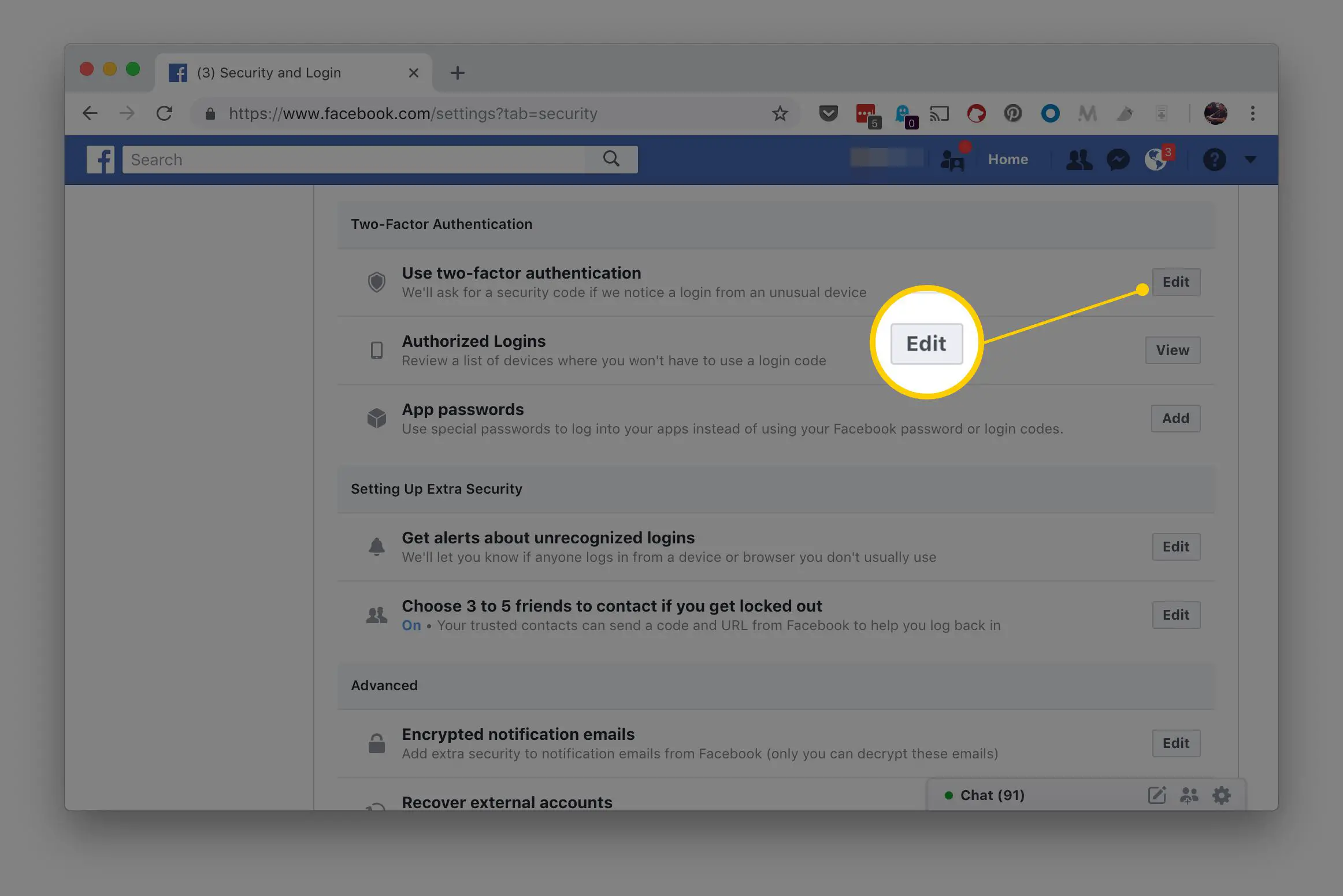 Botão Editar para "Use autenticação de dois fatores" seção na página de Segurança e Login do Facebook