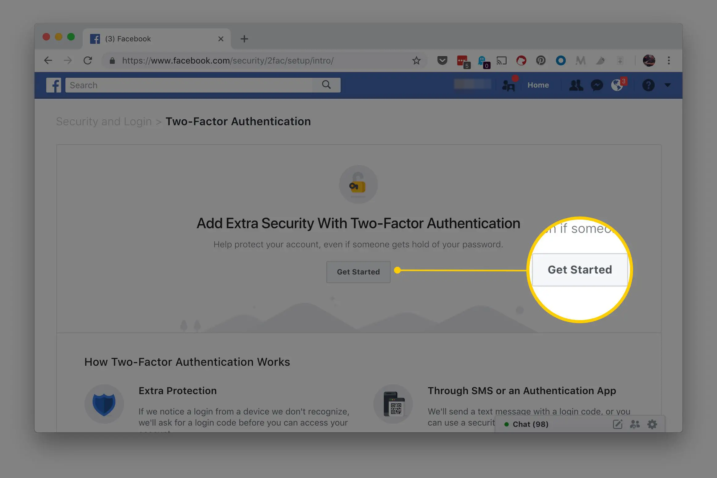 Botão de introdução destacado na página de autenticação de dois fatores do Facebook