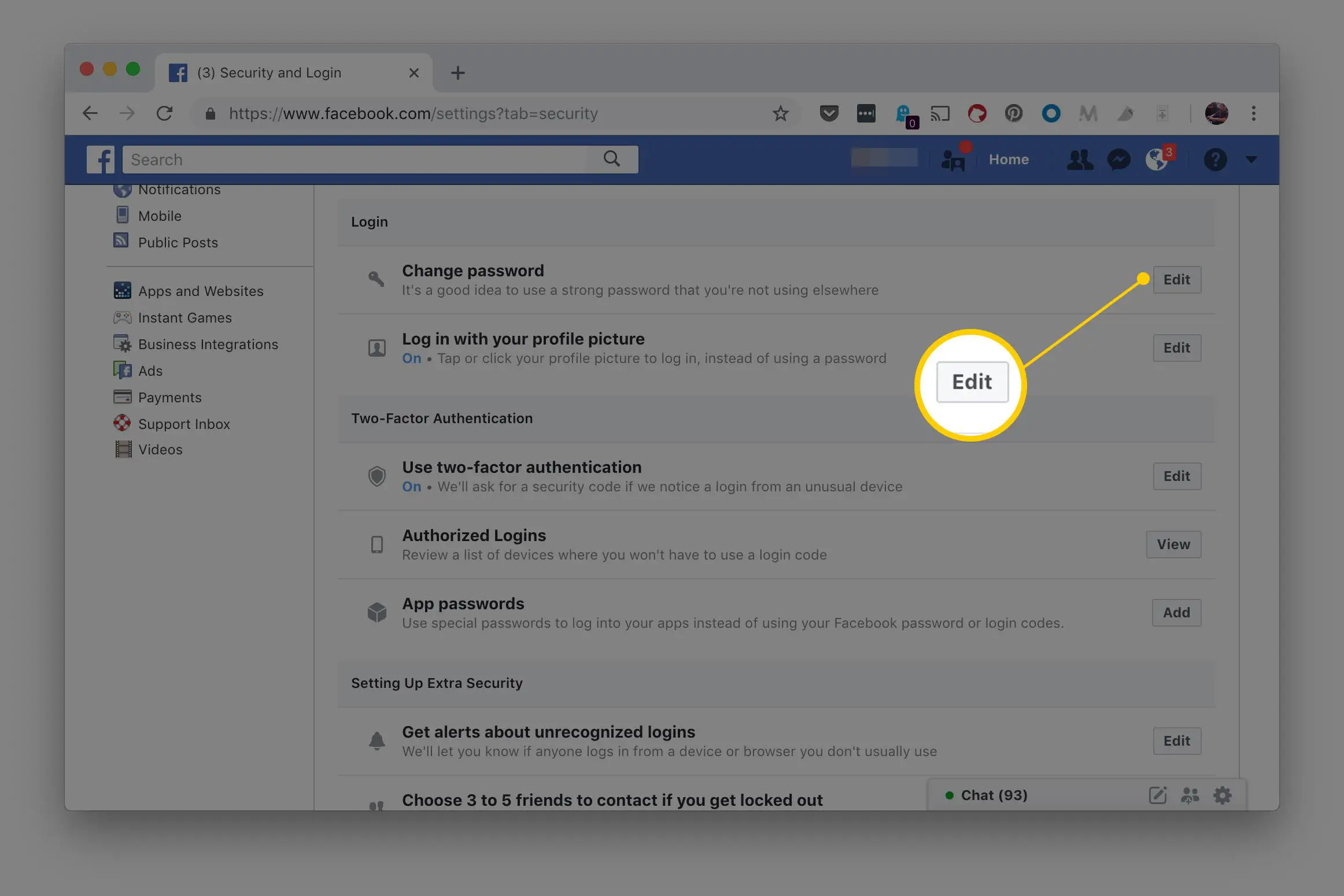 Botão Editar para o sistema Alterar senha na página de segurança e login do Facebook