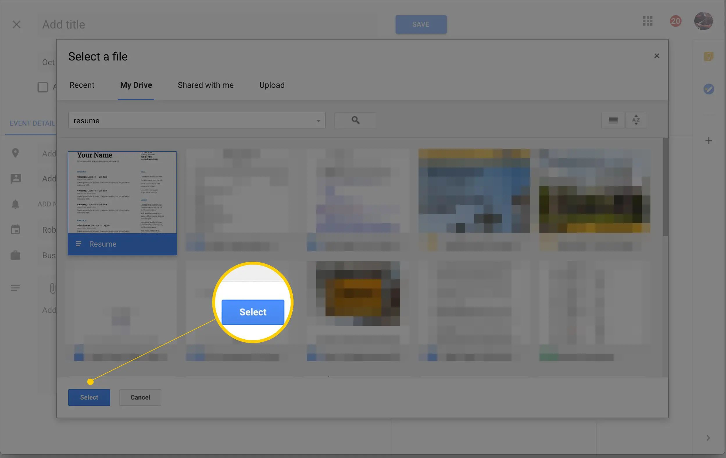 Selecione o botão ao escolher um arquivo do Google Drive para anexar a um evento do Agenda