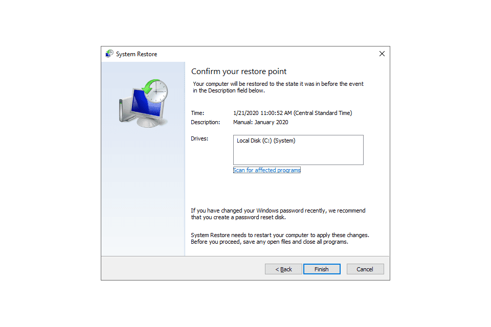 Tela de restauração do sistema do Windows 10