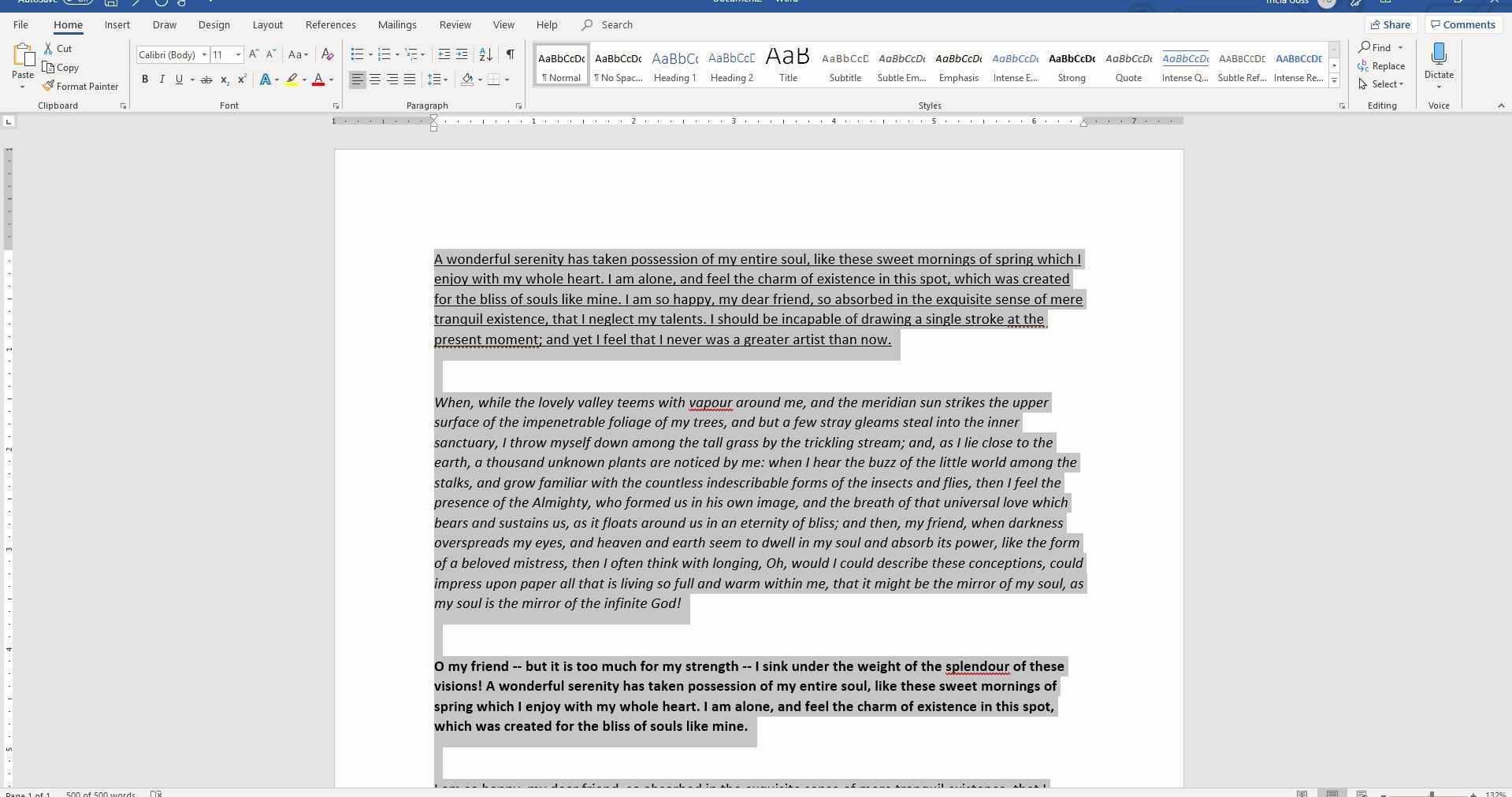 Captura de tela de todo o texto selecionado em um documento do Word