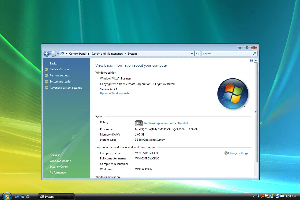 Informações do sistema Windows Vista