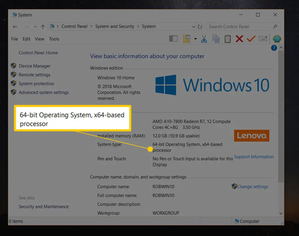 Nota de sistema operacional de 64 bits na página Sistema do painel Sistema e Segurança no Painel de Controle do Windows 10