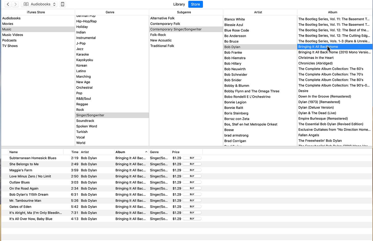 Os resultados da procura de músicas no iTunes