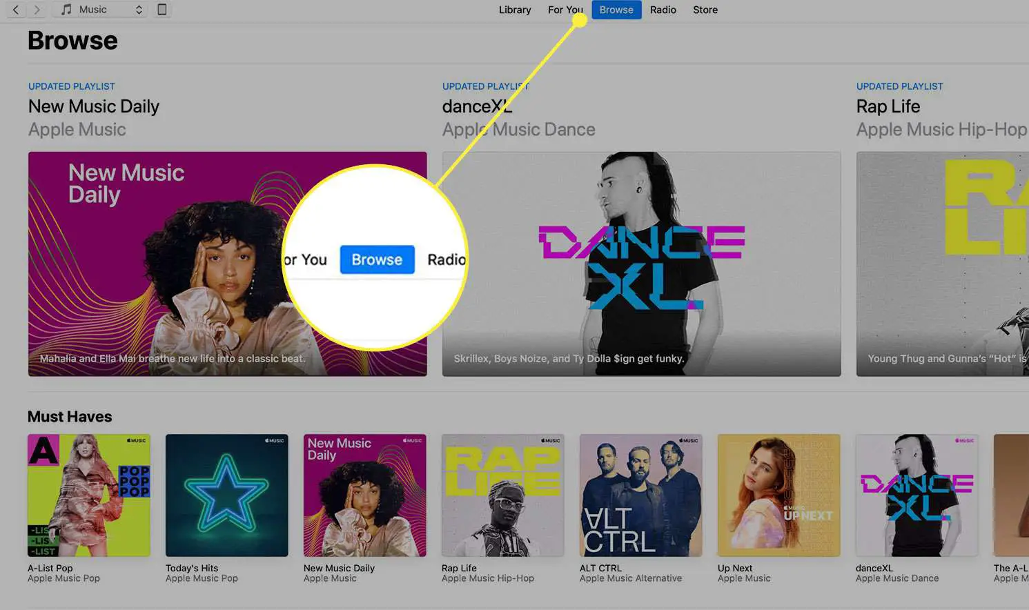 Uma captura de tela do iTunes com o título Navegar destacado