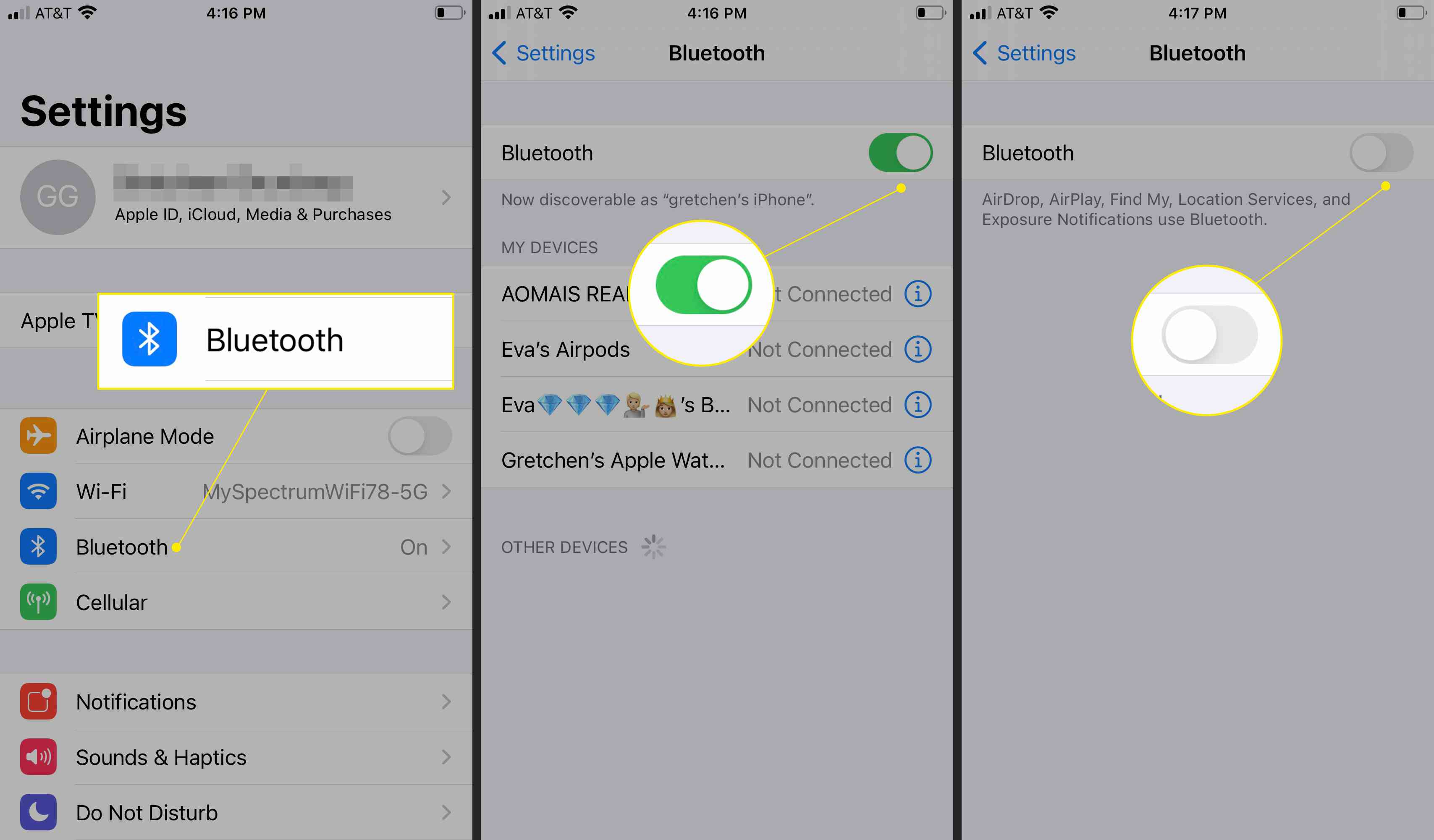 Configurações do iPhone com Bluetooth destacado, junto com o controle deslizante "on / green" e "off / white"