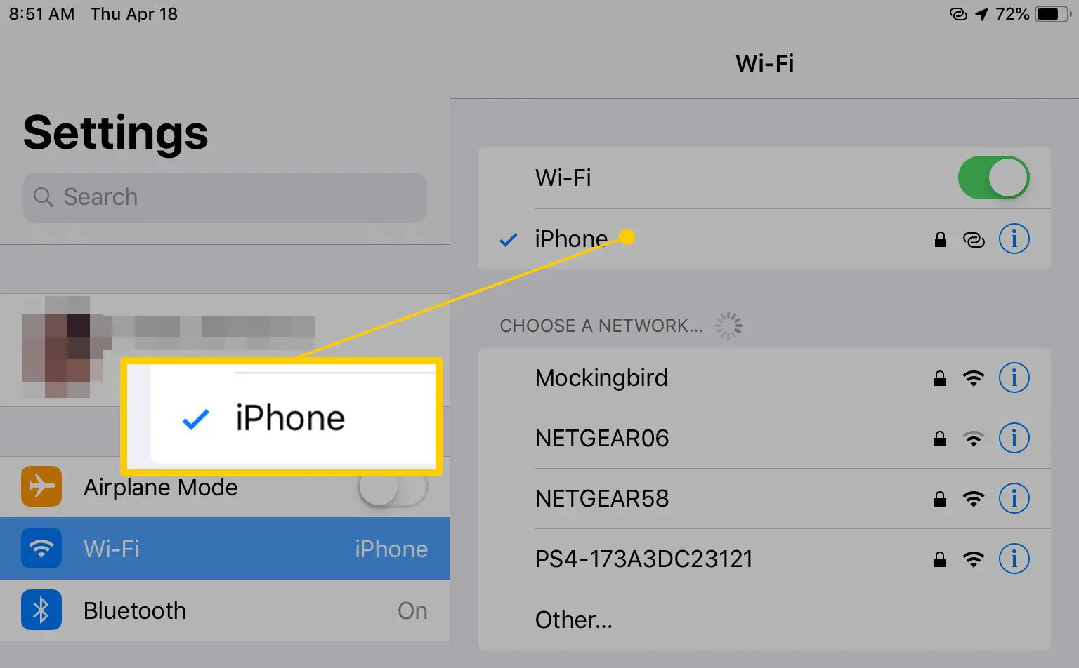 iPhone selecionado no aplicativo Configurações de Wi-Fi no iPad