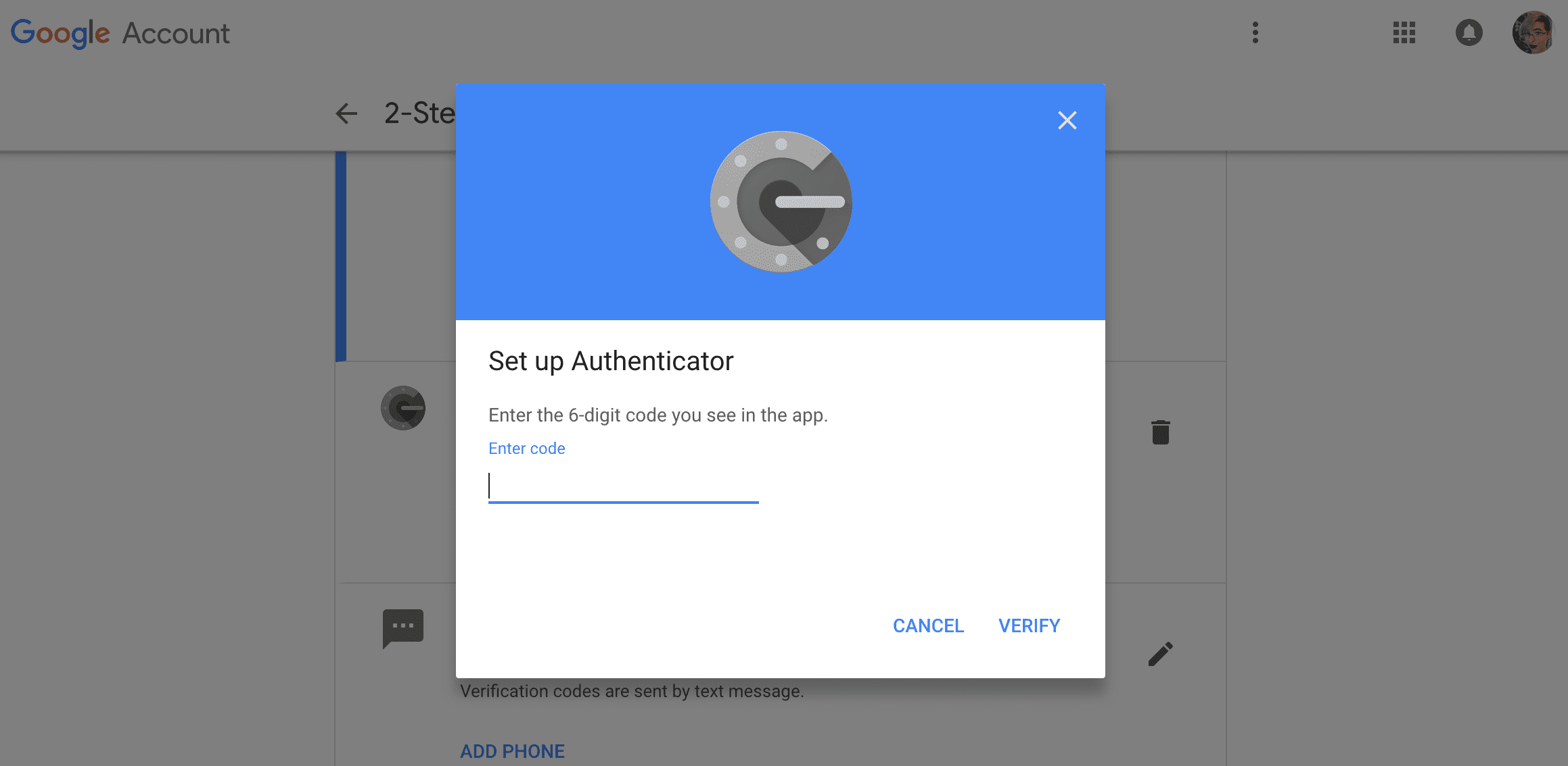 A página do Google Authenticator na web pede o código de 6 dígitos exibido dentro do aplicativo em seu telefone.