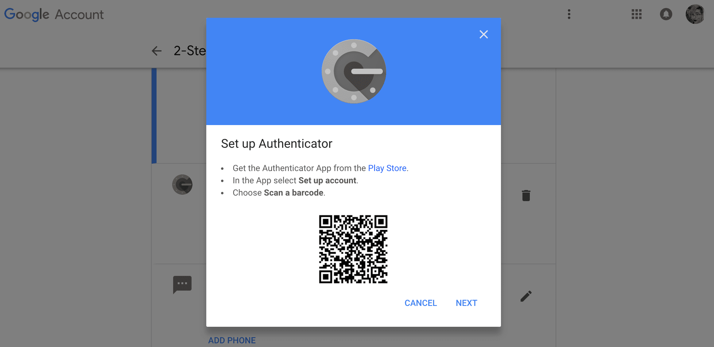 O Google Authenticator possui uma tela com mais instruções para configurar o aplicativo em um novo telefone.