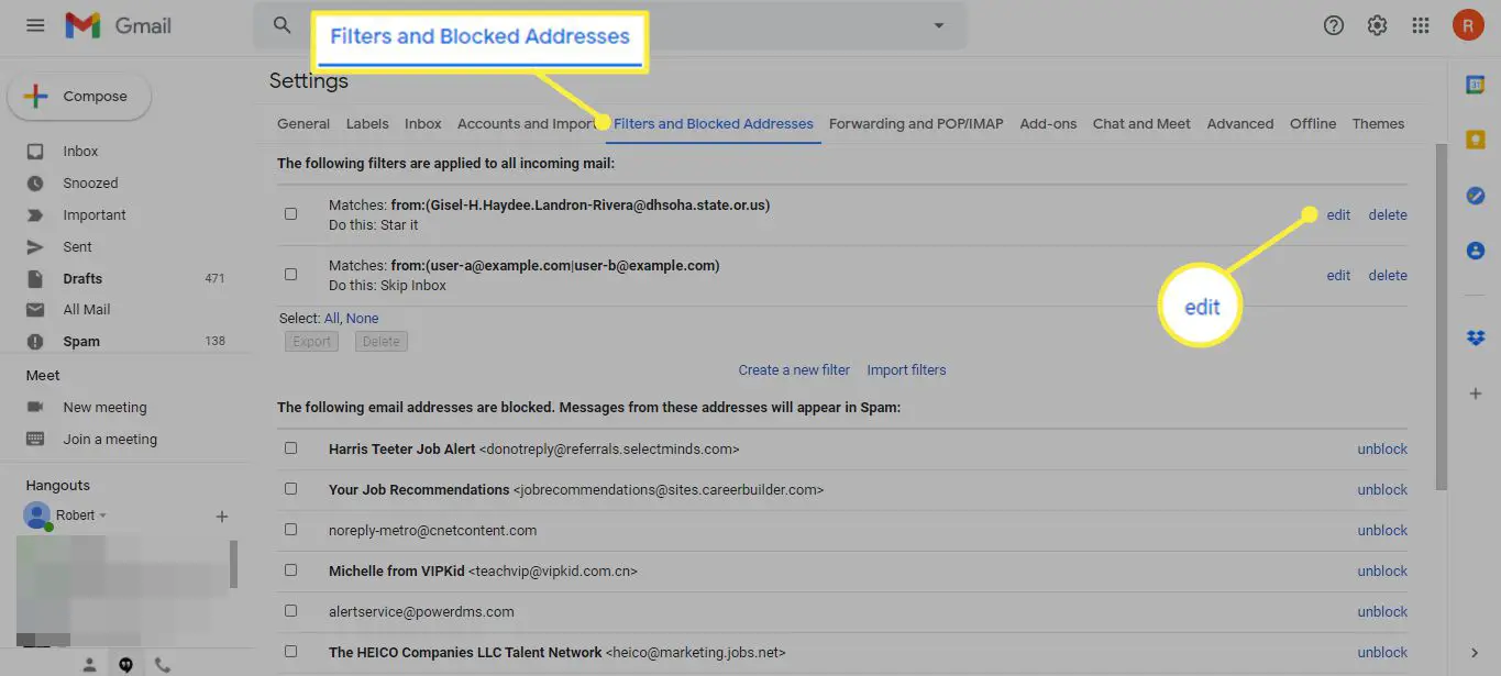 Guia Filtros e endereços bloqueados e Editar nas configurações do Gmail