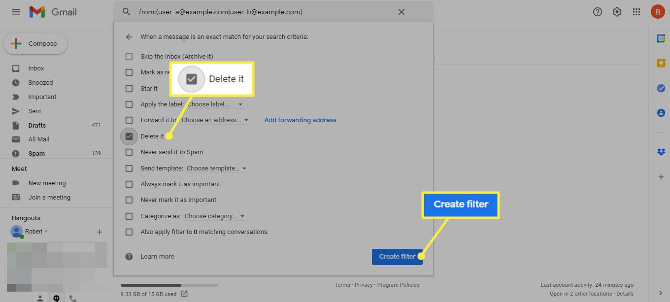 Excluir e Criar botão de filtro na caixa de diálogo de opções de pesquisa do Gmail