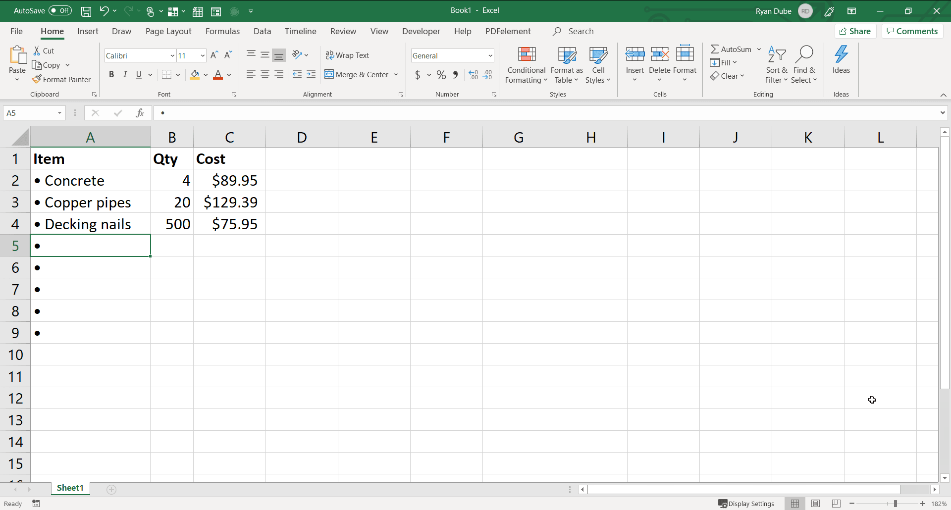 Captura de tela do preenchimento de uma lista de marcadores do Excel