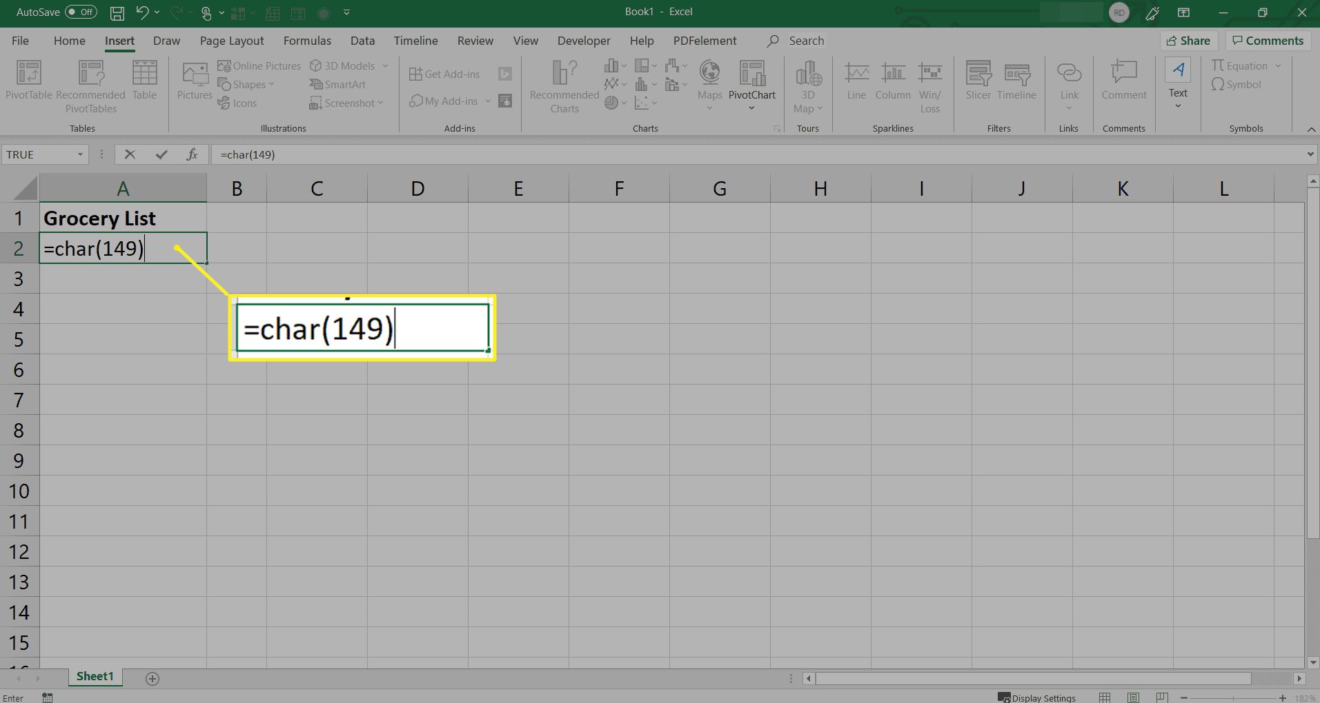 Usando uma fórmula para inserir um marcador no Excel