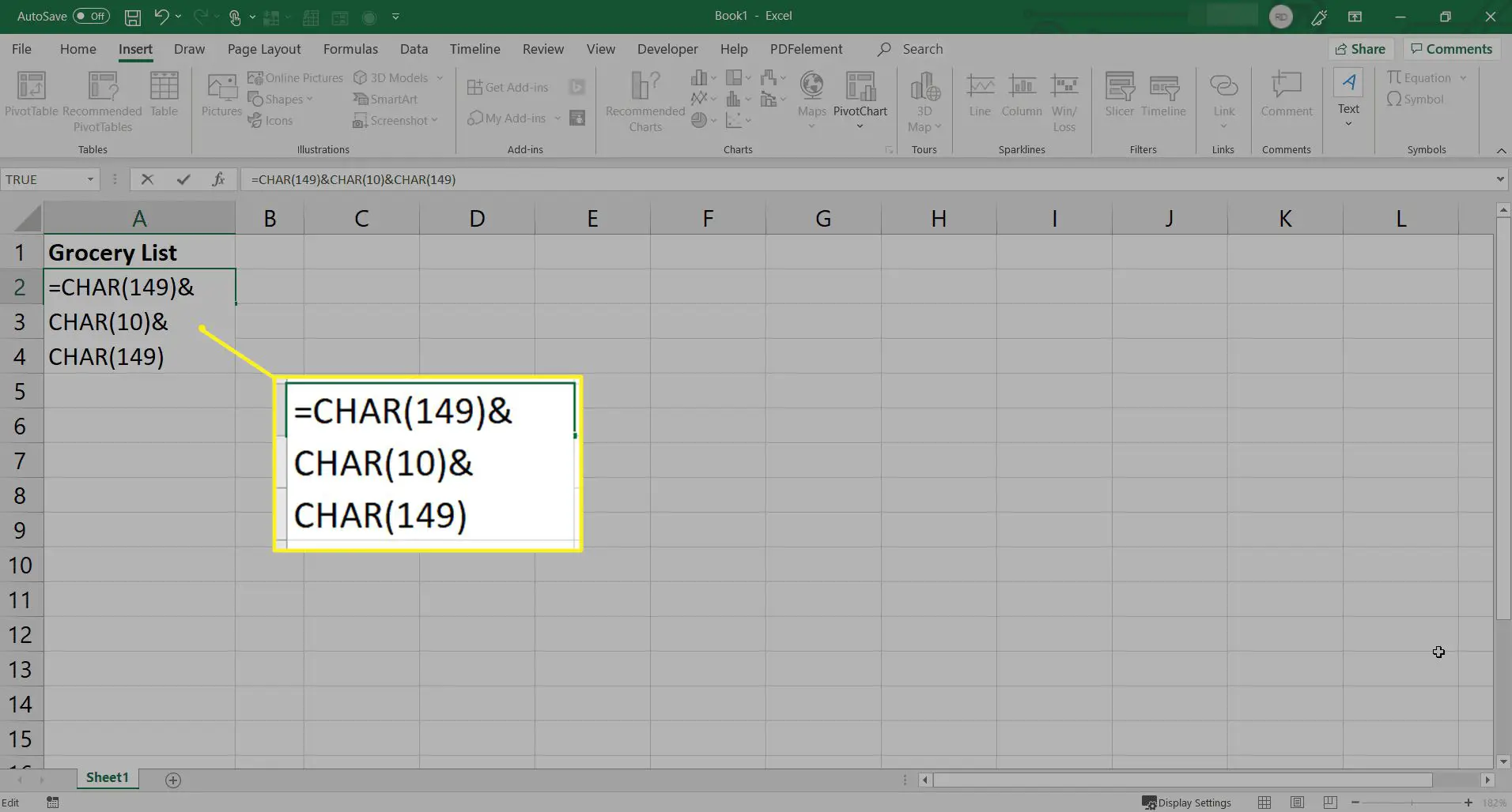 Usando a função CHAR para inserir marcadores no Excel