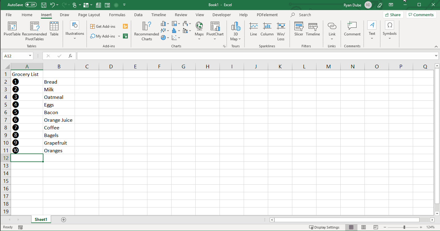 Captura de tela de adição de símbolos numerados no Excel