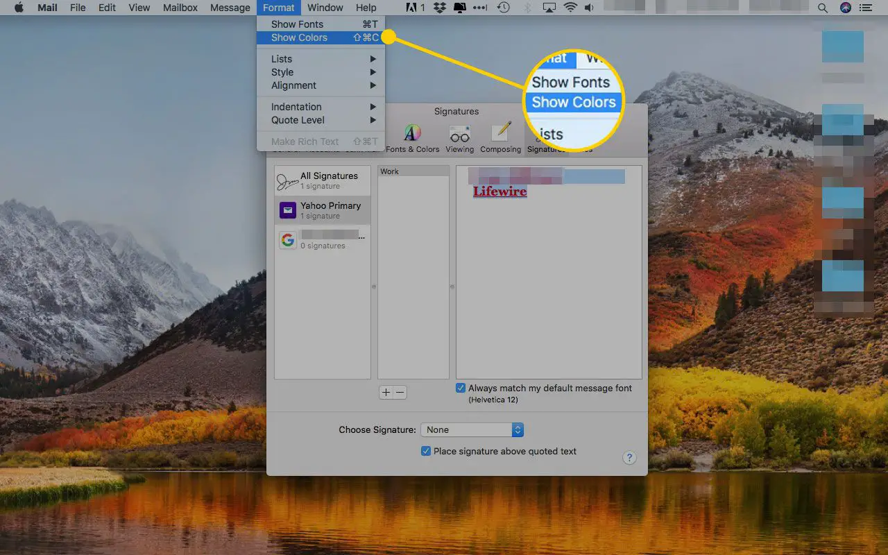 Apple Mail com a opção Mostrar cores no menu Formato destacada