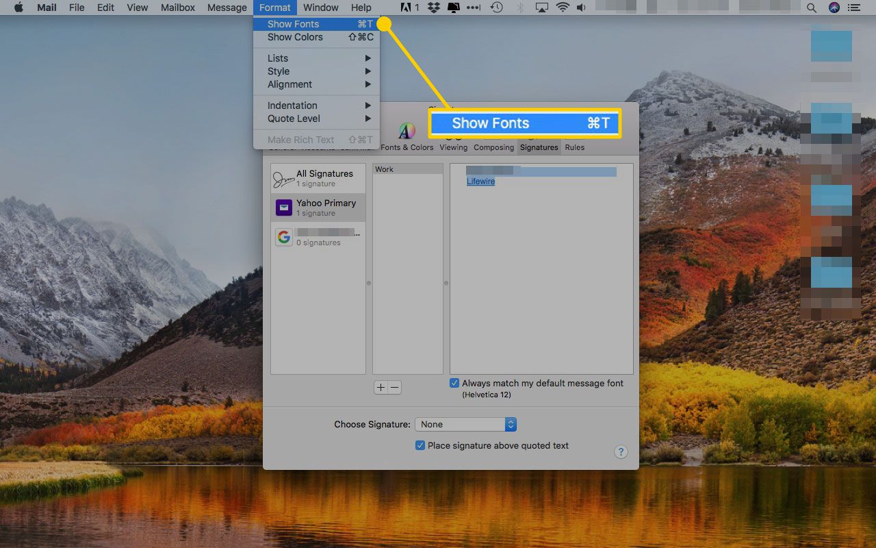 Apple Mail com a opção Mostrar fontes no menu Formato destacada
