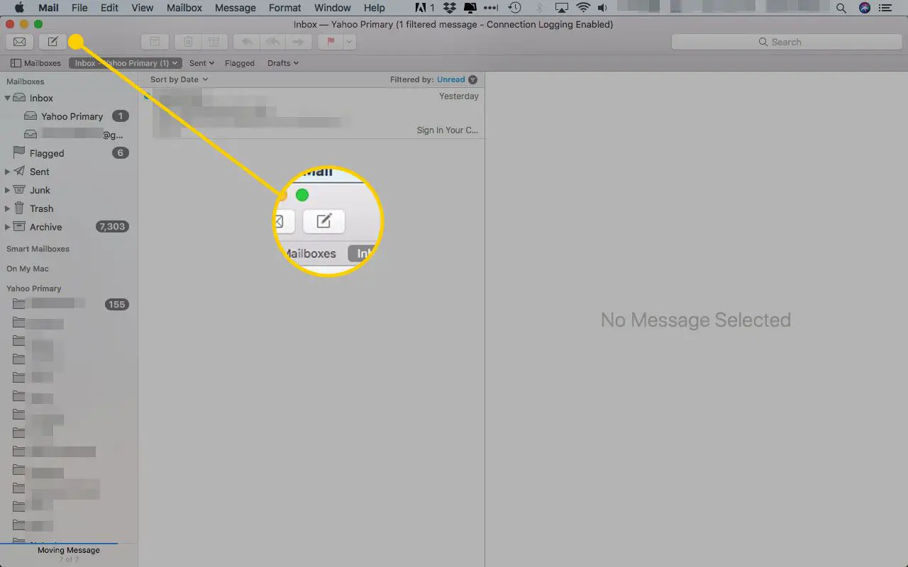 Apple Mail com o botão Nova mensagem destacado