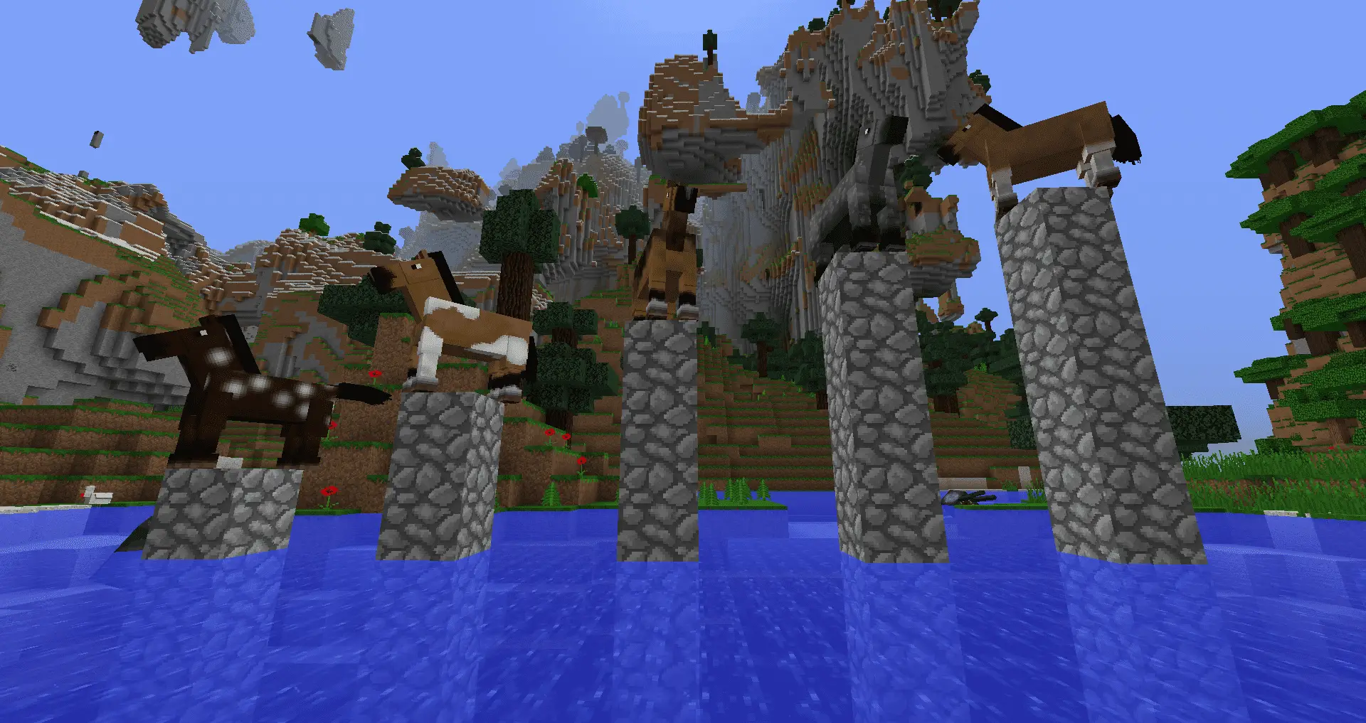 Captura de tela do MInecraft de cavalos em pilares acima da água