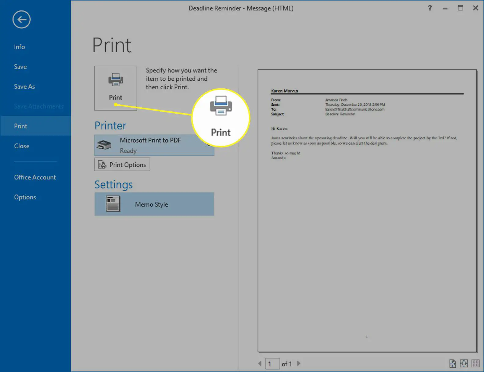 Tela de impressão do Outlook com o botão Imprimir destacado