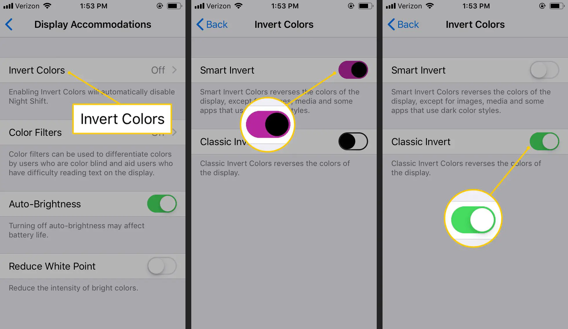 Inverter cores, inverter inteligente, inverter clássico nas configurações do iOS