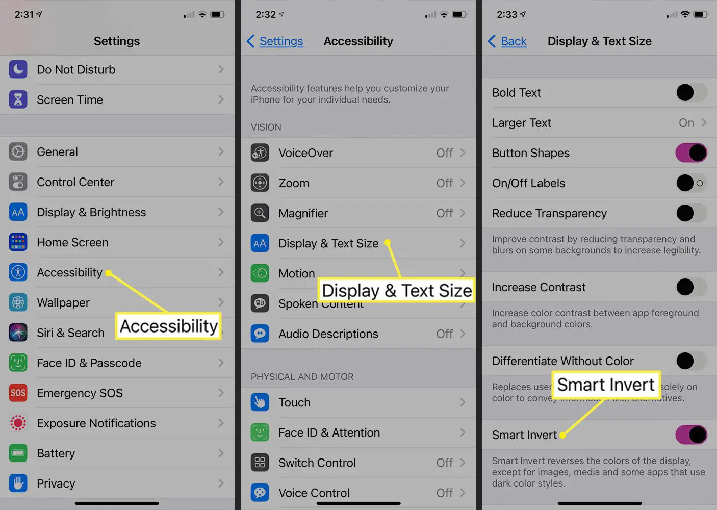 Caminho do iPhone para Smart Invert no iOS 14