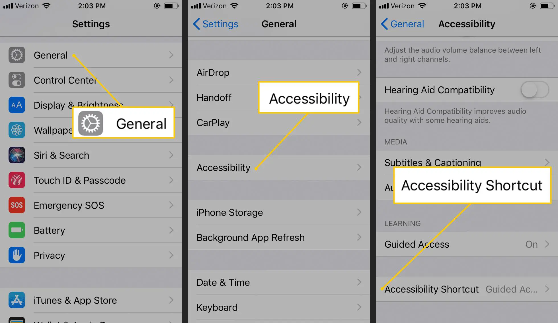Botões de atalho geral, acessibilidade e acessibilidade nas configurações do iOS