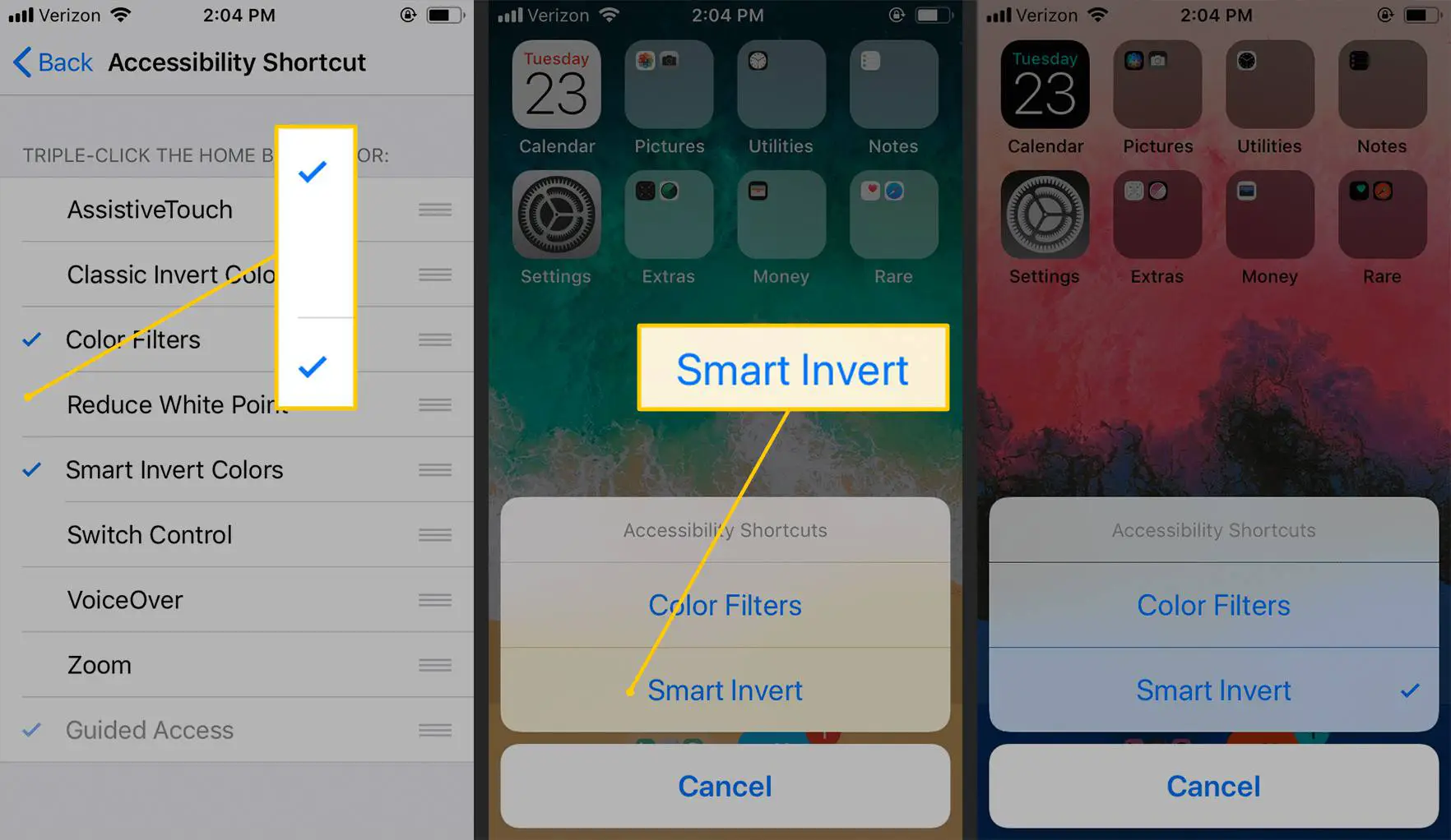 Marcas de verificação de acessibilidade, Smart Invert, Atalhos no iOS
