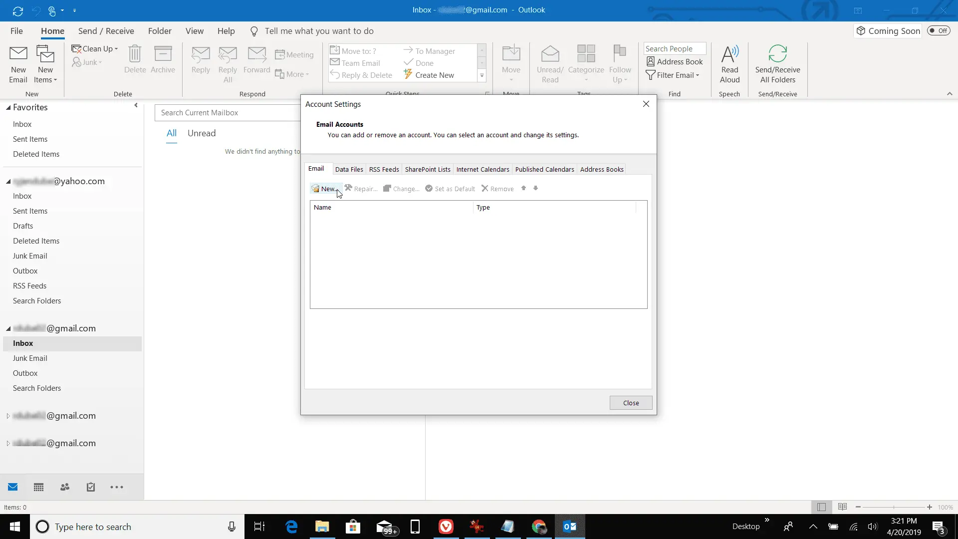 Captura de tela da adição de uma nova conta de e-mail no Outlook