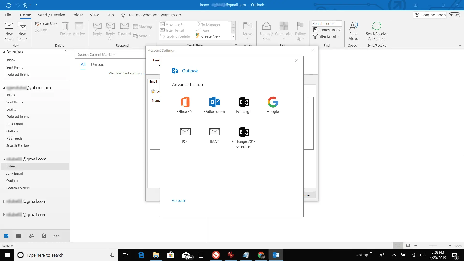 Captura de tela da seleção de POP nas opções de e-mail no Outlook